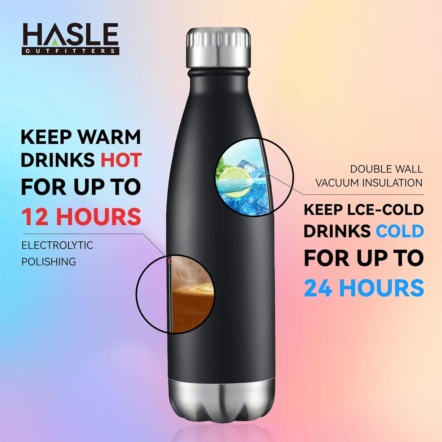 17 oz Vacuum Insulated Stainless Steel Water Bottles - Bulk Pack of 8, Double-Walled Design for Hot and Cold Beverages, Black Finish