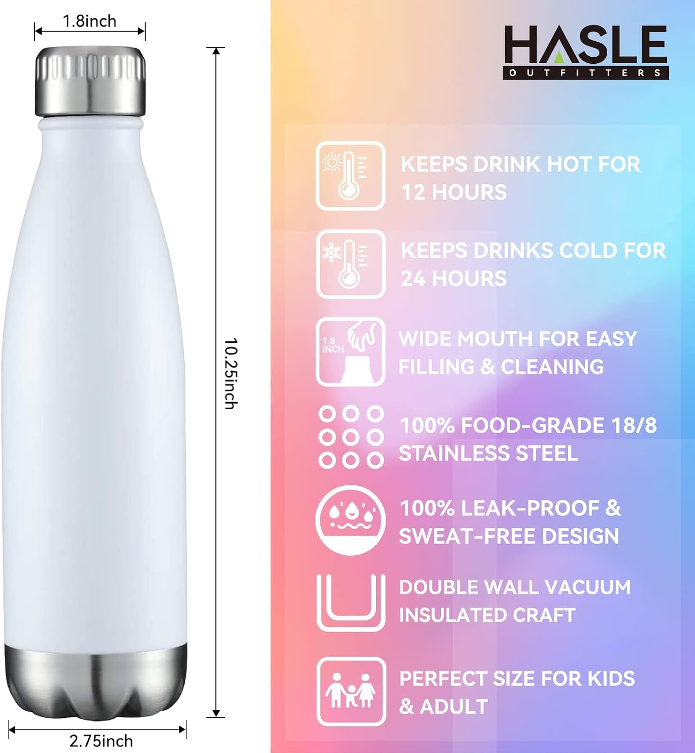17 oz Stainless Steel Vacuum Insulated Water Bottles, Double-Walled Powder Coated Reusable Metal Sports Bottles, White, Set of 8