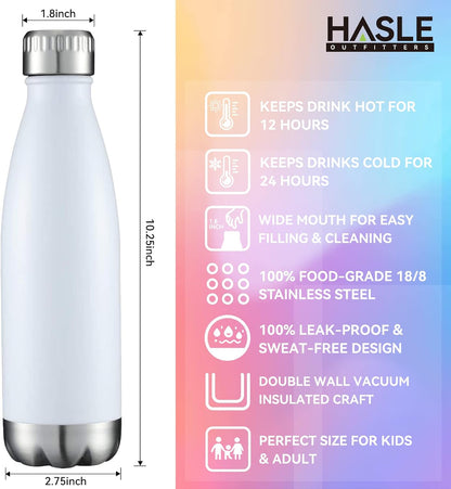 17 oz Stainless Steel Vacuum Insulated Water Bottles, Double-Walled Powder Coated Reusable Metal Sports Bottles, White, Set of 8