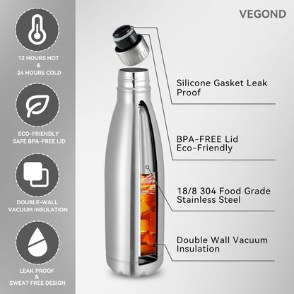 17 oz Stainless Steel Insulated Water Bottles - 8 Pack, Reusable Double Wall Vacuum Cola Shape, BPA Free, Ideal for Camping and Gym, Keeps Beverages Hot or Cold