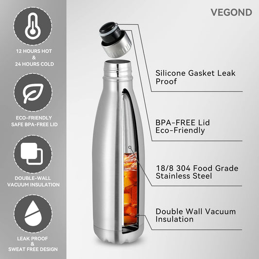 17 oz Stainless Steel Insulated Water Bottles - 8 Pack, Reusable Double Wall Vacuum Cola Shape, BPA Free, Ideal for Camping and Gym, Keeps Beverages Hot or Cold