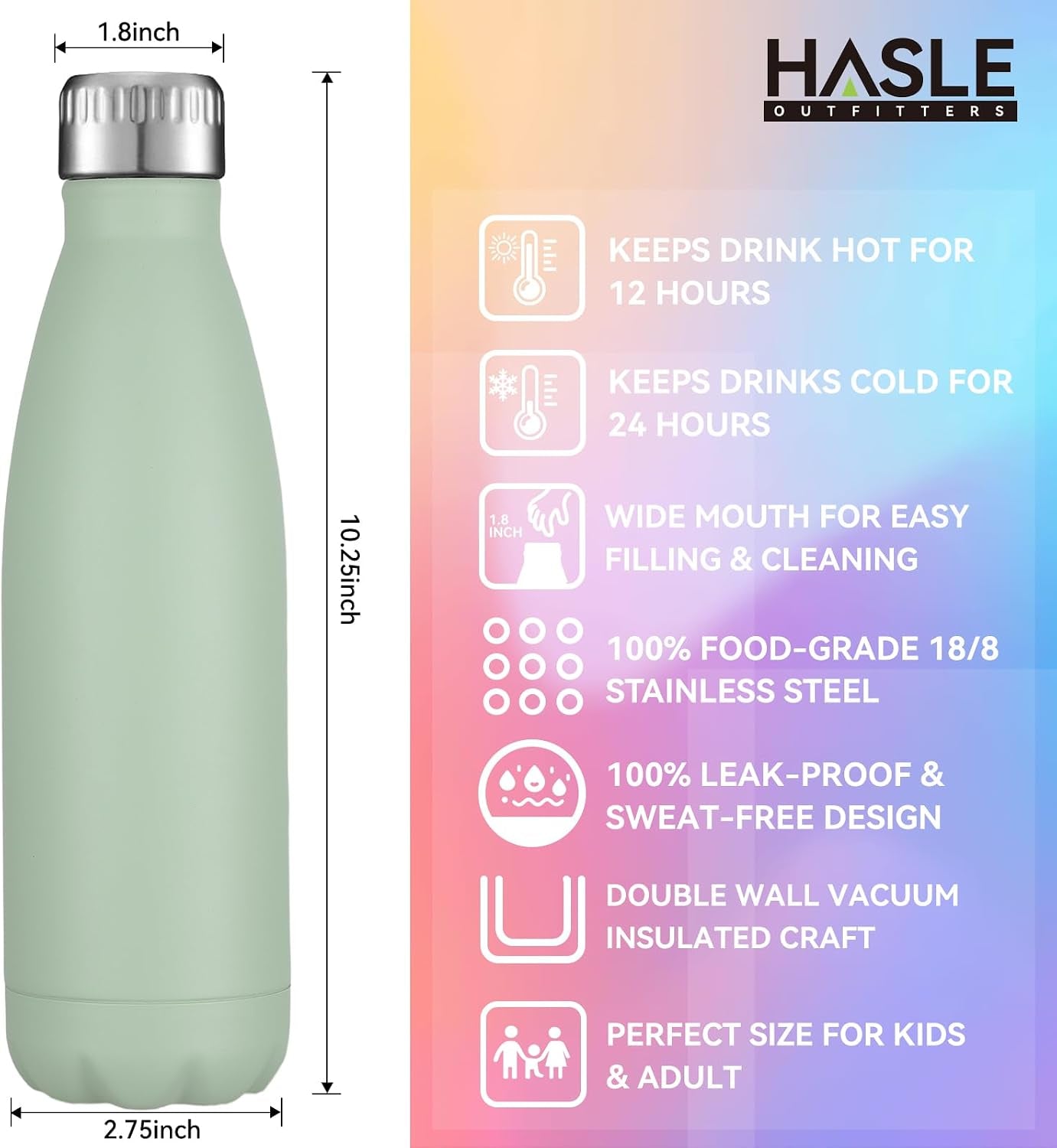 17oz Stainless Steel Vacuum Insulated Water Bottle, Double-Walled Reusable Metal Sports Bottle in Light Green, Single Pack