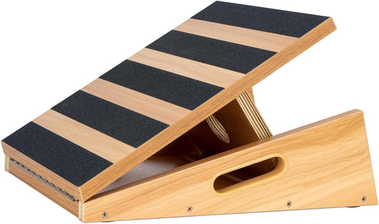 Adjustable Wooden Slant Board and Calf Stretcher with Partial-Coverage Design, Side Handle, 5 Incline Angles, 500 lbs Capacity