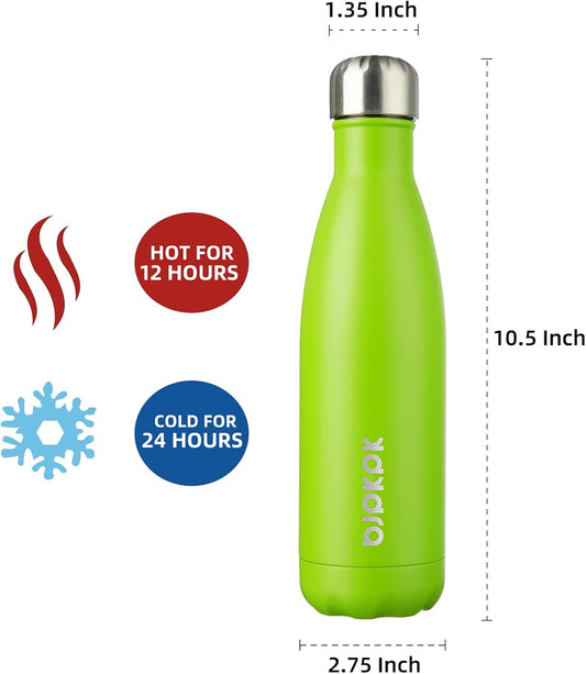 Insulated Stainless Steel Water Bottles - 17oz/500ml, BPA Free, Green - Pack of 5, Keeps Drinks Cold for 24 Hours and Hot for 12 Hours